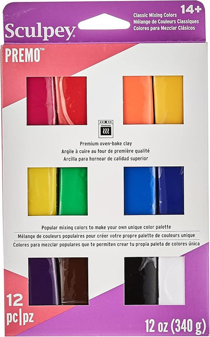 Sculpey Premo Classic Mixing Color sampler pack, 12 colors, Polymer Oven-Bake Clay, Non Toxic, 12 oz., Great for jewelry making, holiday, DIY, mixed media and home décor projects