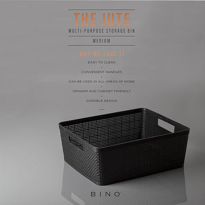 BINO | Woven Plastic Basket | Medium (Black), 4-Pack | THE JUTE COLLECTION | Home Organization, Space - Saving Storage, Stylish Design | Jute Basket | Plastic Storage Basket