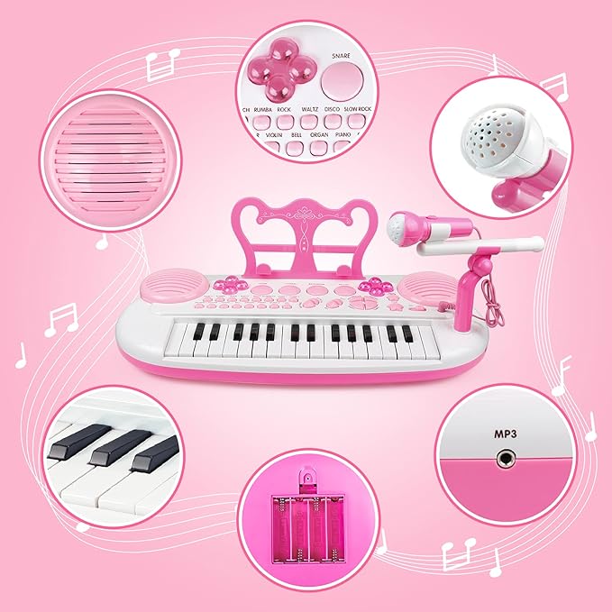 Kids Piano Keyboard Toys, 31-Keys Piano for Toddler Ages 3-5-9, Educational Toys with Microphone, Stool, Portable Multifunction Electronic Musical Instrument, 3+Year Old Girls Birthday Gift Ideas-Pink