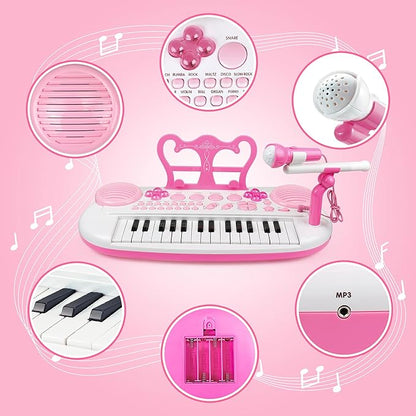 Kids Piano Keyboard Toys, 31-Keys Piano for Toddler Ages 3-5-9, Educational Toys with Microphone, Stool, Portable Multifunction Electronic Musical Instrument, 3+Year Old Girls Birthday Gift Ideas-Pink