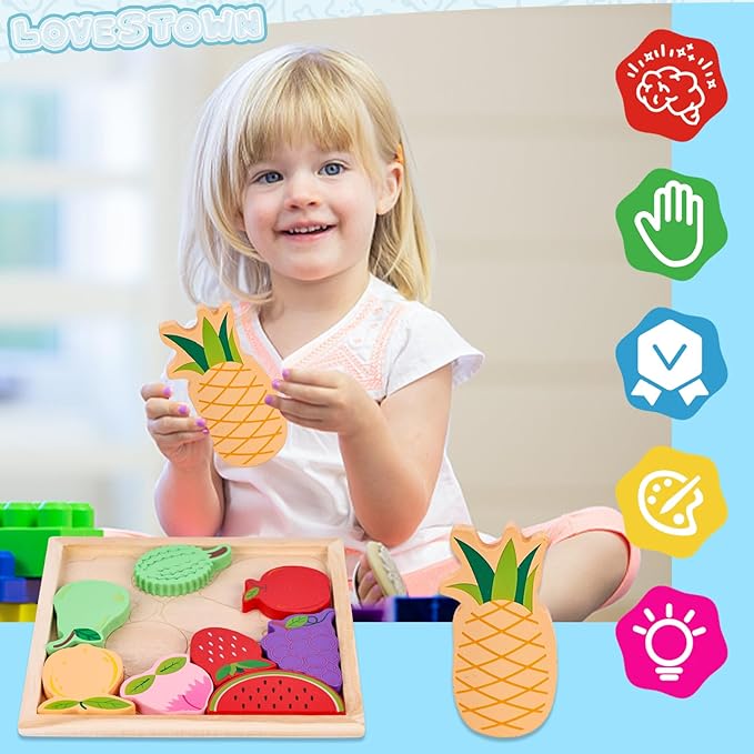LovesTown 12PCS Fruit Shape Puzzles, Educational Toy Wooden Chunky Jigsaw Puzzles for Gift