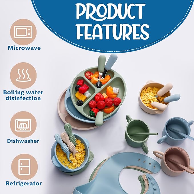 24 Pack Silicone Baby Feeding Set Baby LED Weaning Supplies Includes Suction Divided Plates Soft Bowl Spoons Forks Adjustable Bib Snack Cup and Straws(Gray Blue, Army Green, Beige)