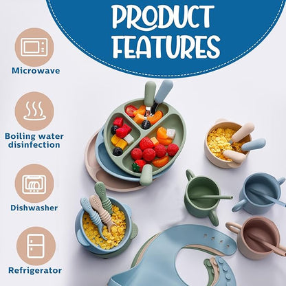 24 Pack Silicone Baby Feeding Set Baby LED Weaning Supplies Includes Suction Divided Plates Soft Bowl Spoons Forks Adjustable Bib Snack Cup and Straws(Gray Blue, Army Green, Beige)