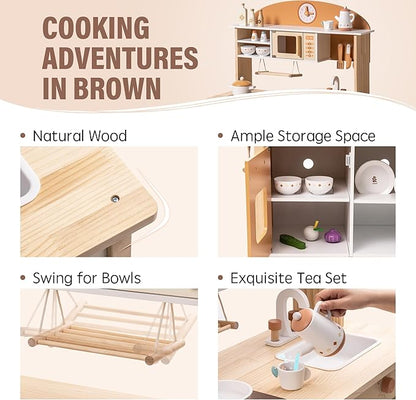 ROBUD Wooden Play Kitchen for Kids Toddlers, Kids Kitchen Playset with Realistic Accessories, Toy Kitchen Set with Plenty of Play Features, Modern Style Toy Kitchen for Girls & Boys, 3+, Caramel