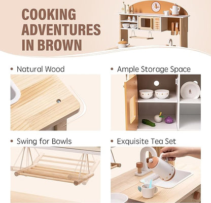 ROBUD Wooden Play Kitchen for Kids Toddlers, Kids Kitchen Playset with Realistic Accessories, Toy Kitchen Set with Plenty of Play Features, Modern Style Toy Kitchen for Girls & Boys, 3+, Caramel