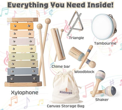 Toddler Musical Instruments 7 in 1 Wooden Xylophone Maracas Baby Sensory Musical Kids Montessori Toys with Canvas Storage Bag