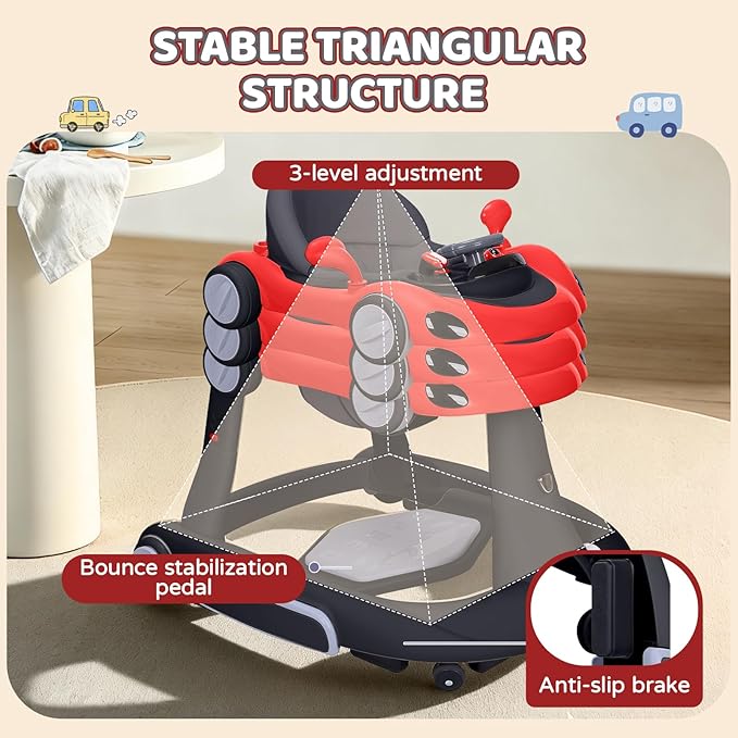 Baby Walker with Wheels, 5-in-1 Foldable Infant Toddler Walker for Boys Girls 6-18 Month, Music Walker for Baby with Car Steering Wheel &Removable Footrest,Baby Push Walker in Red and Black