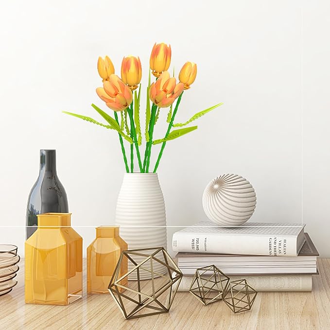 Flower Bouquet Building Toy Set Tulips, Botanical Building Blocks for Adults Home Office Decor Orange Color