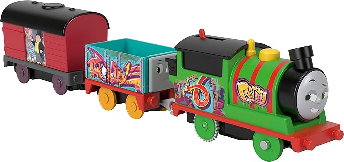 Thomas & Friends Motorized Toy Train Graffiti Percy Battery-Powered Engine with 2 Cargo Cars for Pretend Play Preschool Kids Ages 3+ Years