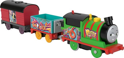 Thomas & Friends Motorized Toy Train Graffiti Percy Battery-Powered Engine with 2 Cargo Cars for Pretend Play Preschool Kids Ages 3+ Years