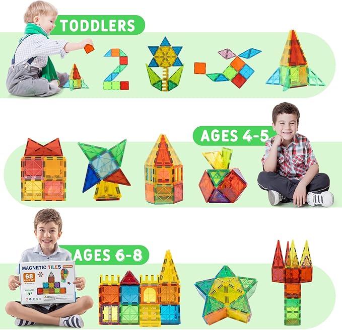 EchoPlan Magnetic Tiles,68PCS Magnetic Building Blocks,Magnet Tiles 3D Clear Building Blocks Set,STEM Sensory Educational Toys Gift for Toddlers Kids Boys 3 4 5 6 7 8 9+ Year Old