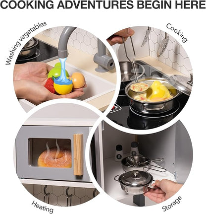 ROBOTIME Wooden Play Kitchen, Kids & Toddlers Kitchen Playset, Kids Play Kitchen Pretend Play Set with Lights & Sounds, Toy Kitchen for Ages 3+ (Gray)