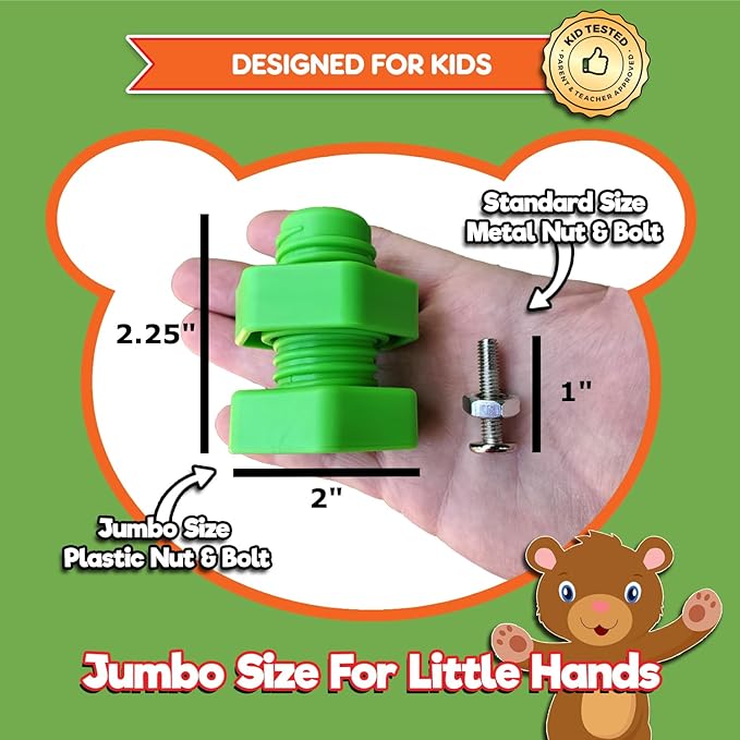 Jumbo Nuts and Bolts For Toddlers - Fine Motor Skills Rainbow Matching Game Montessori Toys For Toddlers & Toddler Games | 12 pc Occupational Therapy Educational Toys with Toy Storage + eBook
