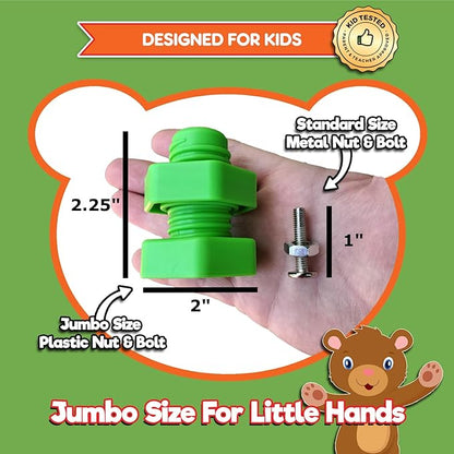 Jumbo Nuts and Bolts For Toddlers - Fine Motor Skills Rainbow Matching Game Montessori Toys For Toddlers & Toddler Games | 12 pc Occupational Therapy Educational Toys with Toy Storage + eBook