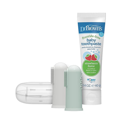 Dr. Brown's 100% Silicone Baby Finger Toothbrush and Toothpaste Set, 2-Pack Toothbrush with Storage Case, Fluoride-Free Strawberry Toddler Toothpaste, Gray & Light-Green