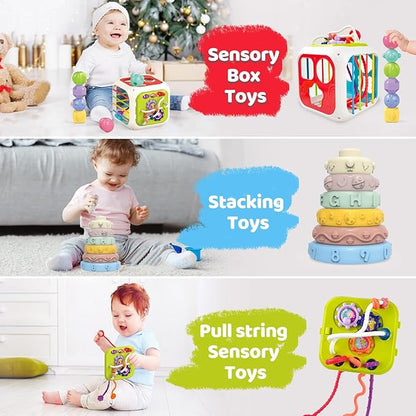 5 in 1 Montessori Baby Toys for 3+ Year Old - Sensory Bins Toys, Travel Pull String Toy & Shape Sorter & Stacking Building Blocks & Suction Cup Spinner Toys, Birthday for Baby
