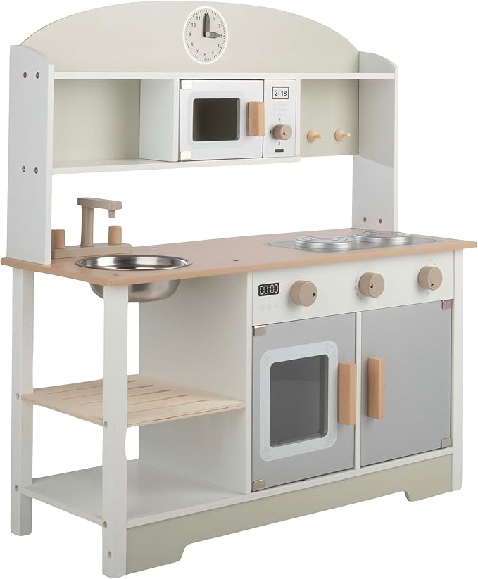 Hey! Play! Kids Kitchen Playset - Play Kitchen with Toy Microwave, Sink, Stovetop, Roaster, Utensils and Play Food - Wooden Play Kitchen for Toddlers