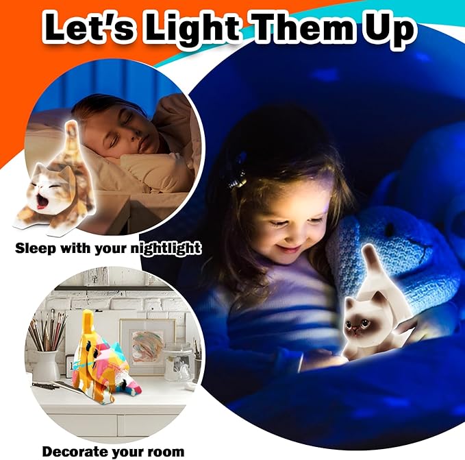 FUNZBO 4.3in Paint Your Own Cat Lamp Kit - Arts and Crafts Supplies Kitten Painting Kits for Kids Teens, DIY Night Light Toy for Toddler Girl Boy Ages 3 4 5 6 7 8 9 10 11 12 13+ Birthday Easter Gift
