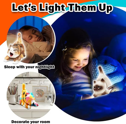 FUNZBO 4.3in Paint Your Own Cat Lamp Kit - Arts and Crafts Supplies Kitten Painting Kits for Kids Teens, DIY Night Light Toy for Toddler Girl Boy Ages 3 4 5 6 7 8 9 10 11 12 13+ Birthday Easter Gift