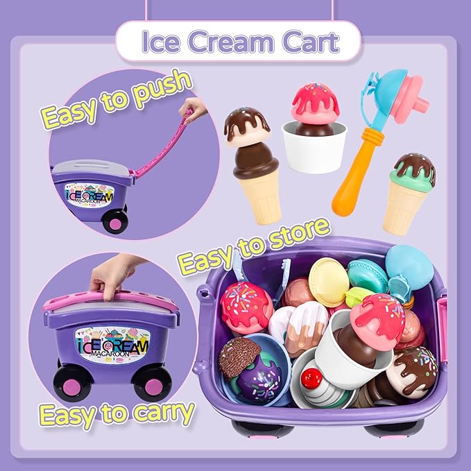 Ice Cream Cart Toys for Kids, 52 Pcs Ice Cream Shop Playset, Ice Cream Stand Food Toys for Toddlers 3-5，Pretend Play Grocery Store Set Toy for Ages 2-4-6, Girl or Boy Christmas Birthday Gifts