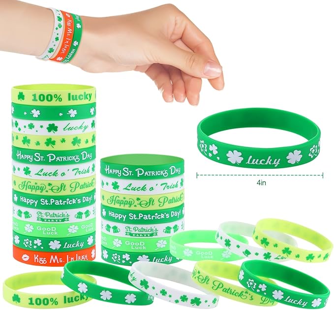 xutengy 48PCS St. Patricks Day Party Favors Accessory，Rubber Bracelets Silicone Wristbands for Party Supplies Shamrock Rubber Bracelets for kids teens Gifts Holiday