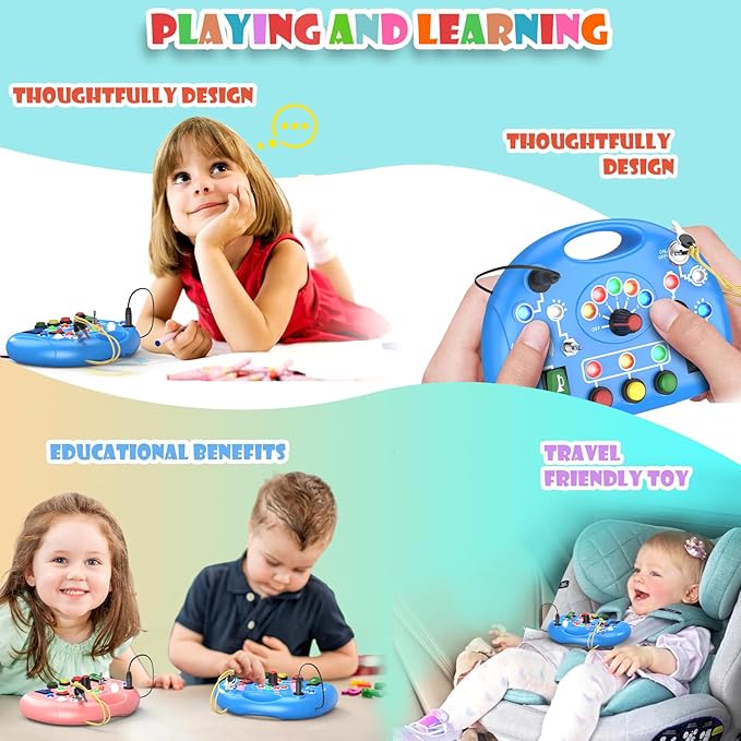 Busy Board with LED Light, Montessori Busy Board for 1+ Year Old, Sensory Toys with Sound and Switches, Fidget Board for Kids Electronic Early Development Toys Boys Birthday (Blue)