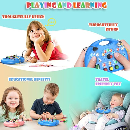 Busy Board with LED Light, Montessori Busy Board for 1+ Year Old, Sensory Toys with Sound and Switches, Fidget Board for Kids Electronic Early Development Toys Boys Birthday (Blue)