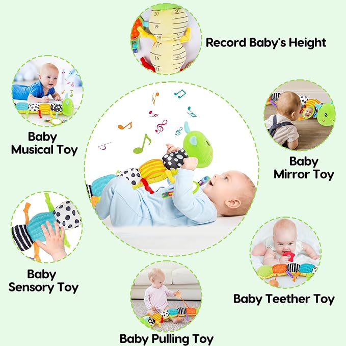 Baby Sensory Toy 0-6 Month Music Animal Stuffed Plush Caterpillar Toy for Infant 0-3-6-12 Month Old Tummy Time with Mirror Crinkle Rattle Toys for Newborn Boys Girl Shower Gifts Easter Basket Stuffer
