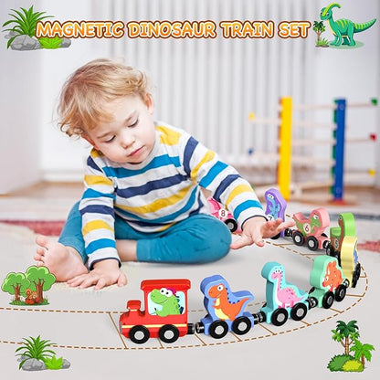 Toys for Toddlers, 11 Magnetic Wooden Dinosaur Train Set, Montessori Toys for Toddlers, Preschool Educational Material for Kids, Birthday Gifts for Boys, Girls
