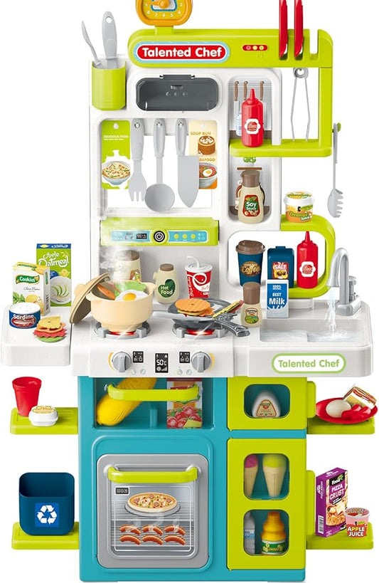 CUTE STONE Kids Kitchen Playset, Play Kitchen for Toddlers, Play Sink with Manual Faucet, Cooking Stove with Steam, Sound and Light, Play Kitchen Accessories, Pretend Toy Kitchen Set for Kids, 40" H