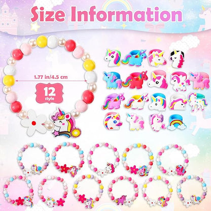 Tondiamo 48 Pcs Unicorn Ring Bracelet Set Include 12 Pcs Wooden Beaded Girls Unicorn Bracelets and 36 Pcs Silicone Unicorn Toy Rings Cute Girls Gifts for Unicorns Party Favors Birthday Goodies Bag