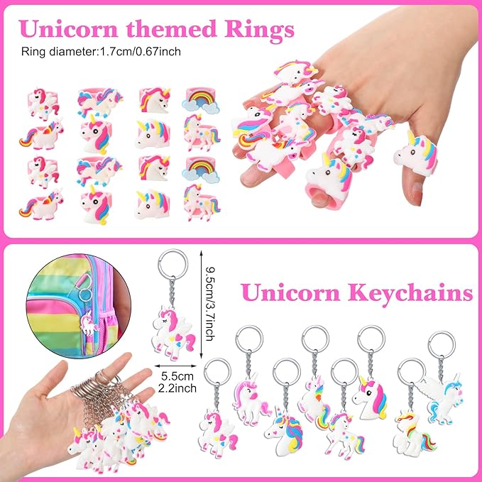 Hungdao 178 Pcs Unicorn Birthday Party Favors for 16 Kids with Keychain Sticker Stamp Ring Slap Bracelet Tattoo Sticker Gift Bag Tag for Unicorn Girl Party Carnival Gift Fillers