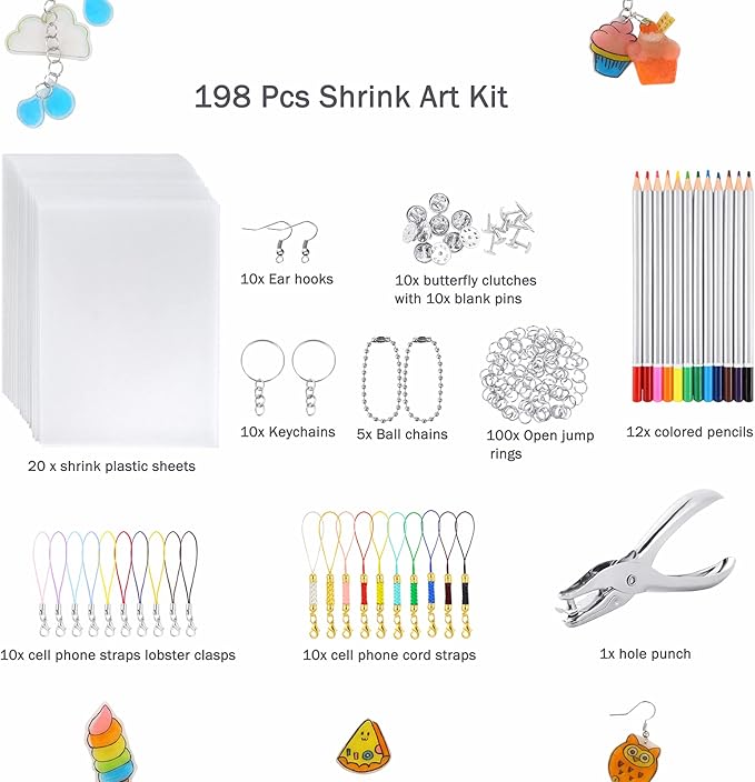 Auihiay 198 Pieces Shrink Plastic Kit Include 20 Sheets Shrinky Paper, Hole Punch, Keychains Accessories and Pencils for DIY Ornaments or Creative Craft
