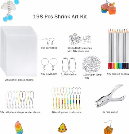Auihiay 198 Pieces Shrink Plastic Kit Include 20 Sheets Shrinky Paper, Hole Punch, Keychains Accessories and Pencils for DIY Ornaments or Creative Craft