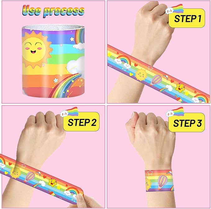 48PCS Rainbow Party Favors Rainbow Unicorn Slap Bracelets Wristbands for Rainbow Unicorn Birthday Decorations Supplies Goodie Bag Fillers for Boys Girls