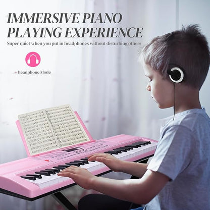 Ktaxon 61 Key Keyboard Piano Electric Keyboard, Electric Piano Set with Headphones, Microphone, Music Rest, Power Adapter, Piano Stand, Piano Bench and Manual (Compact X Stand-Pink w/Lighted Keys)