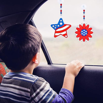 24 Sets Patriotic Suncatchers Ornaments Decorations DIY Window Paint Art Stickers Craft Kit American Star Heart Sun Catchers for Kids Classroom Patriotic 4th of July Activity Art Projects Party Favors