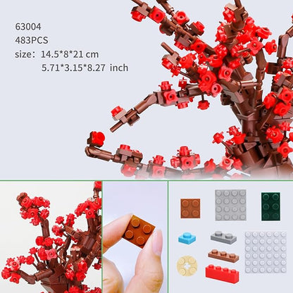 Plum Blossom Bonsai Tree Building Set, Small Building Blocks Set, for Kids Adults Chinese Flower Blocks Sets Home Office Decor for Adults Gift for Kids Age 6+,Red,483 Pieces 63004