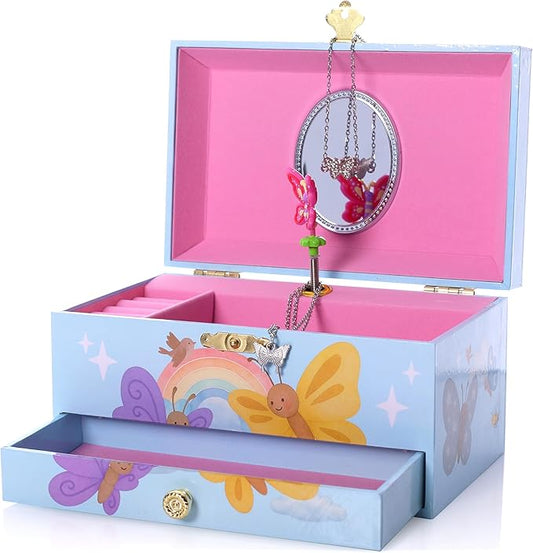 The Memory Building Co Butterfly Musical Jewelry Box Plays Classic Melody, Storage Organizer Music Box for Kids Ages 6-12, MDF Wood w/ 2 Fabric Lined Ring Bracelet Necklace Treasure Compartments