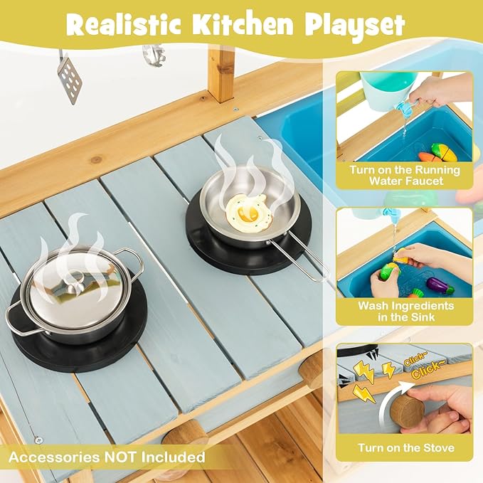 HONEY JOY Mud Kitchen, Fir Wood Outdoor Play Kitchen for Toddlers, Removable Sink, Real Water Tank with Faucet, Utensils, Pretend Play Mud Kitchen for Kids Outdoor, Gift for Boys Girls, Natural