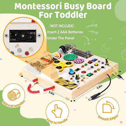 Montessori Wooden Busy Board Toys for 1 2 3 Boys Girls,Toddler Sensory Educational Fidget Board Travel Toy with LED Light Up Switches & Music Boxes, Locks for Kids Gifts