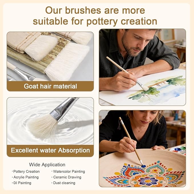 Set of 8 Pottery Glaze Brushes, Wool Soft Bristle for Ceramic Glazing Acrylic Watercolor Oil Painting, Includes Mop, Hake, Sumi, Fan, Fine Brush for Clay Wheel Kiln Blending Art Supplies