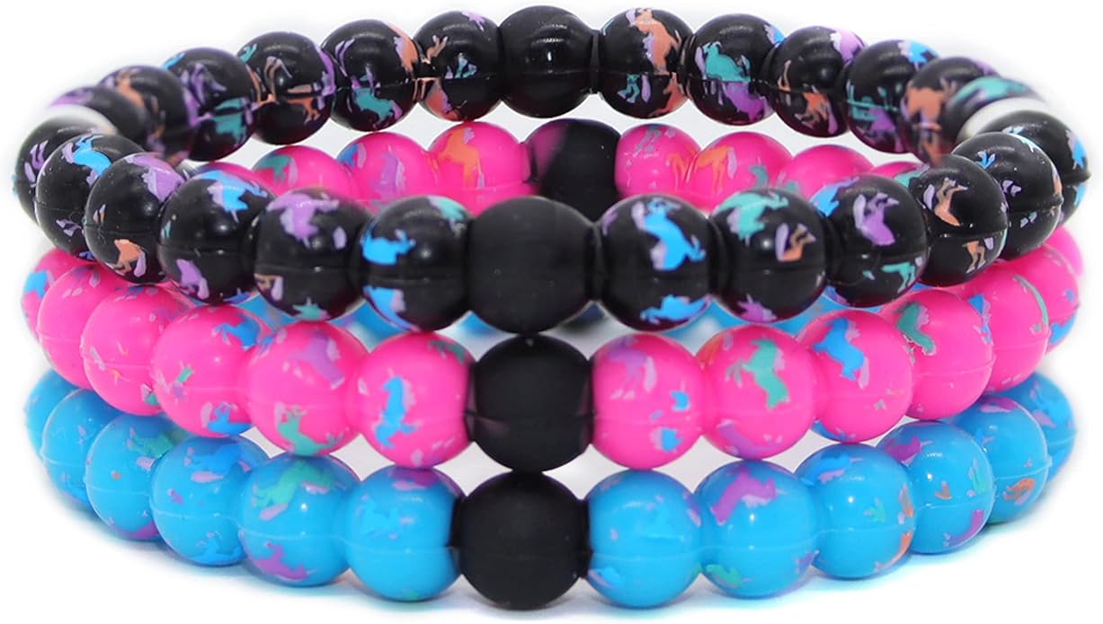 FROG SAC 3 Unicorn Bracelets for Girls, Silicone Bubble Bracelet Pack for Kids, Unicorns Theme Birthday Party Favors and Goodie Bag Fillers for Little Girls, Blue Black Pink Unicorn Stocking Stuffers for Kids