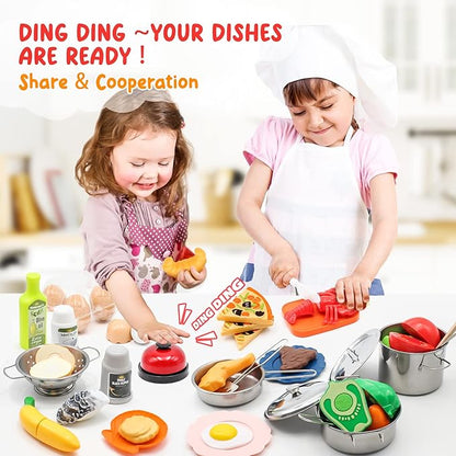 Kids Pretend Play Kitchen Accessories Set, 38Pcs Stainless Steel Play Pots Pans Sets for Kids, Toy Cookware Cooking Utensils Play Food Dish Toddler Kitchen Playset Gifts for Boys Girls