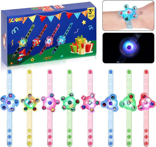 SCIONE 8 Pack LED Light Up Fidget Spinner Bracelets, Glow in The Dark Party Supplies Halloween Party Favors for Kids 4-8 8-12, Birthday Goodie Bags Stuffers, Treasure Box Toys for Classroom