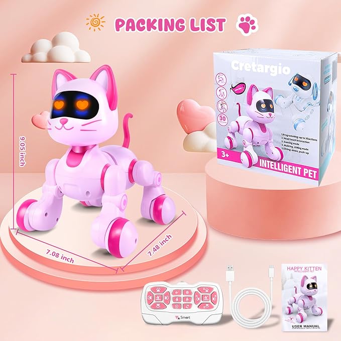 Robot Cat Interactive Toys for Girls: Remote Control Electronic Pink Kitty Pet for Kids Age 3-5 4-6 Gifts for 3 4 5 6 7 8 Year Old Girls RC Toys with Touch Sensing Gestures Birthday Gift Ideas