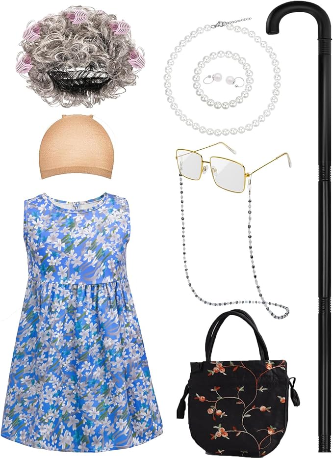 11Pcs 100 Days of School Old Lady Costume for Kids, elderly outfit for Girls, Wig Cane Cosplay Accessories Blue, S