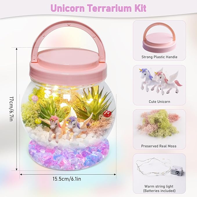Unicorn Terrarium Kit for Kids, Birthday Gifts for Girls, Unicorn Toys, LED Night Light Up & Remote, DIY Unicorn Arts and Crafts Kit for Kids Age 4 5 6 7 8-12 Year Old