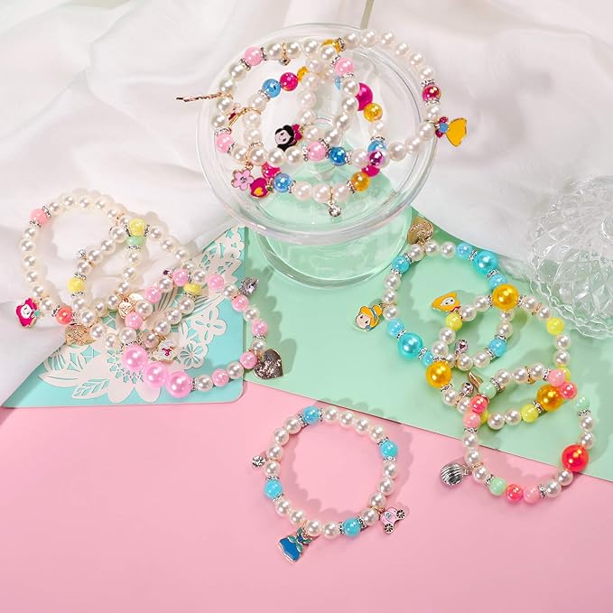 PinkSheep Princess Bracelets 10 PS for Kids Girls Pearl Bead Bracelets Teen Jewelry Set Party Favor Costume Princess Pretend Play