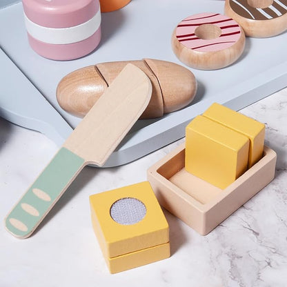 21pcs Wooden Breakfast Set Kids Pretend Play Toy Kitchen Accessories, Toddler Kitchen Playset with Coffee, Dessert, Cutting Bread, Butter, Wooden Toy Food Set Boys & Girls Birthday Gift